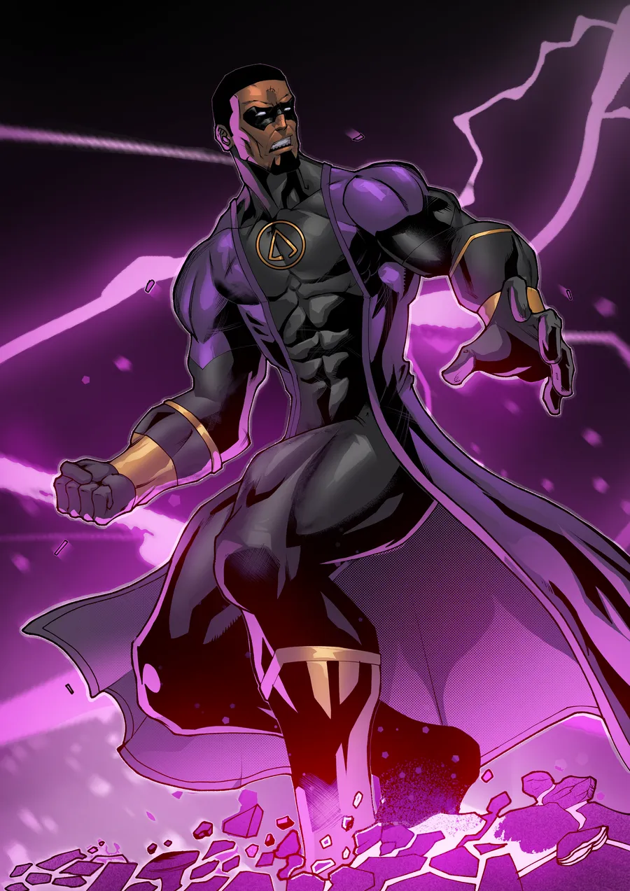 Apex braced in violet lightning over shattered ground