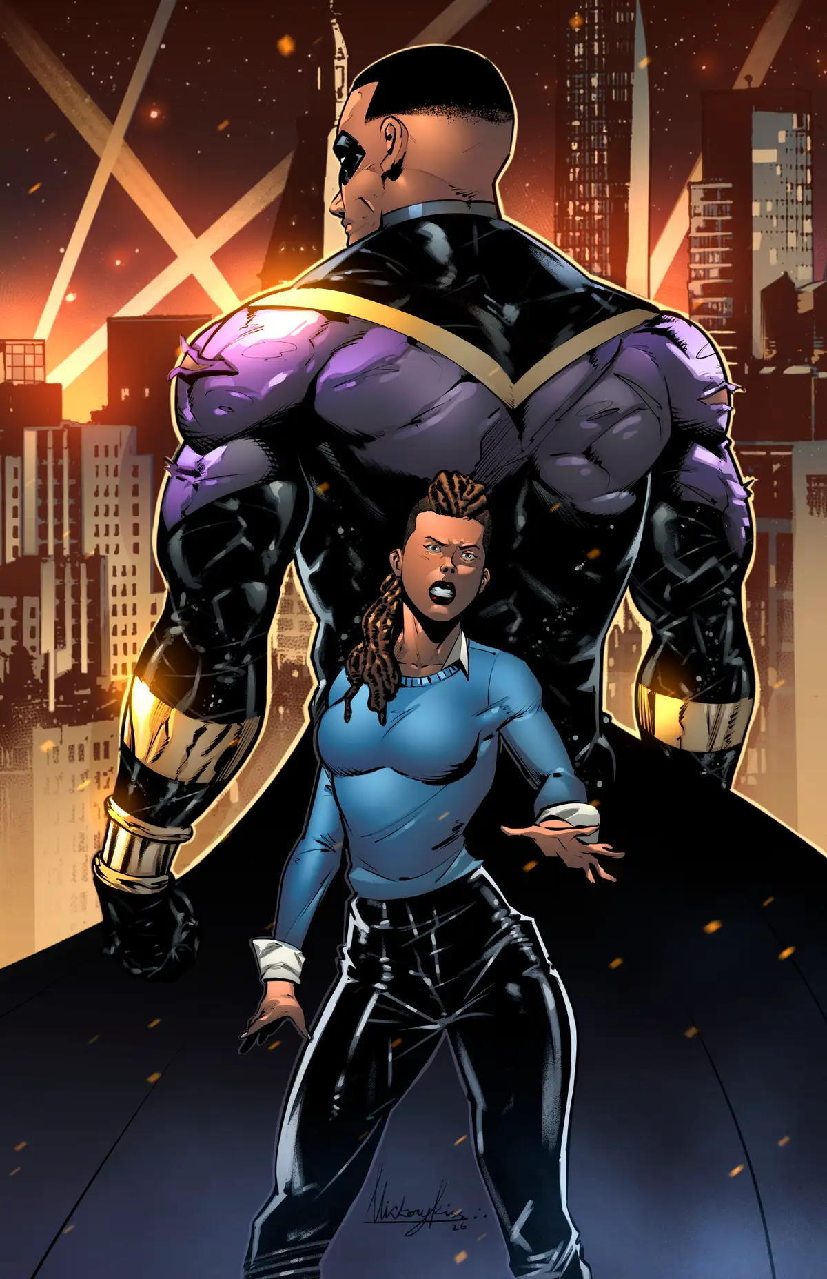Apex towers over the Prism City skyline at dusk while Aspect stands braced in front of him — Volume One, Issue #1 key art