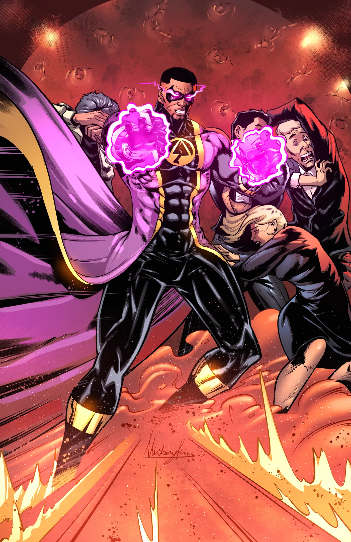 Apex shielding civilians, violet force blazing in both hands