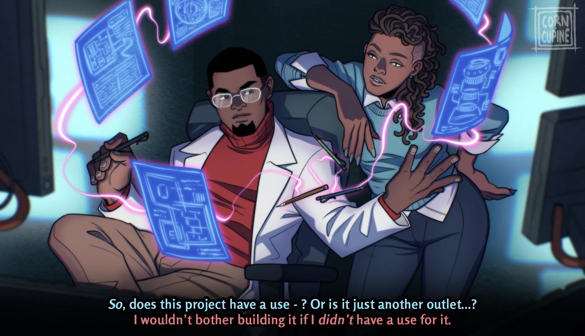 Erik Turner and Zhali Azikiwe out of costume, holographic schematics floating around them. She asks whether the project has a use or is just another outlet; he answers that he wouldn’t bother building it if he didn’t have a use for it.
