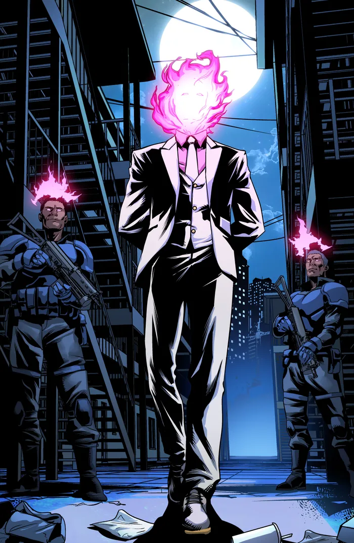 InsPyre — a flawless suit, a head wreathed in magenta fire, over Prism City